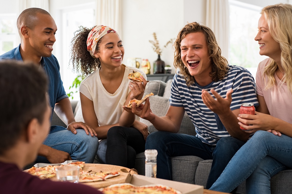 friends laughing living room