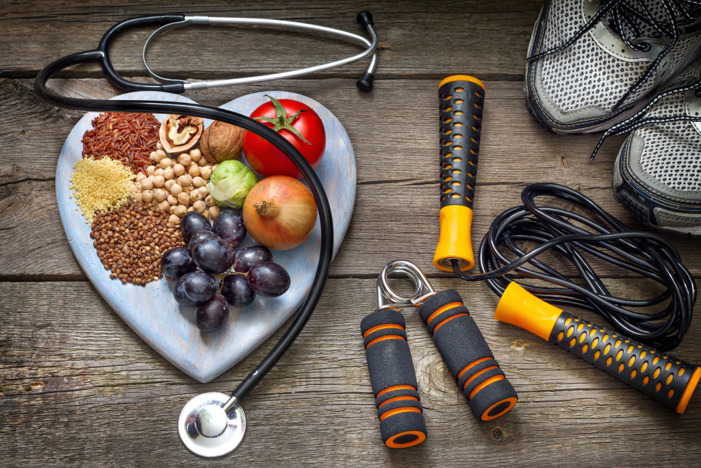 healthy food and exercise equipment