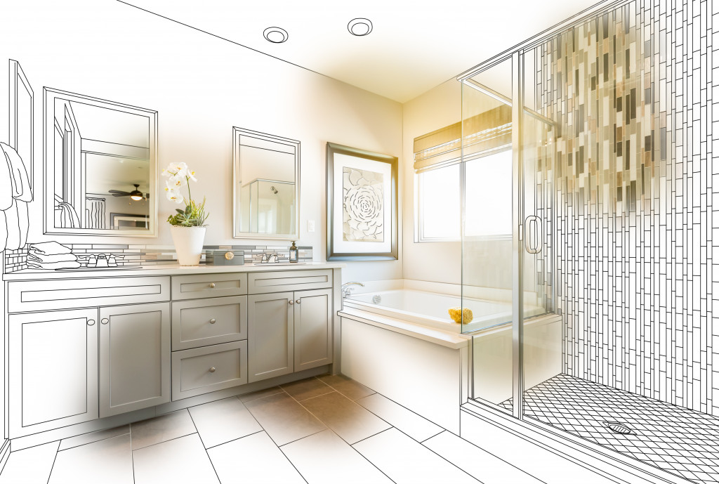 Black and white bathroom design sketch with some parts of it in color